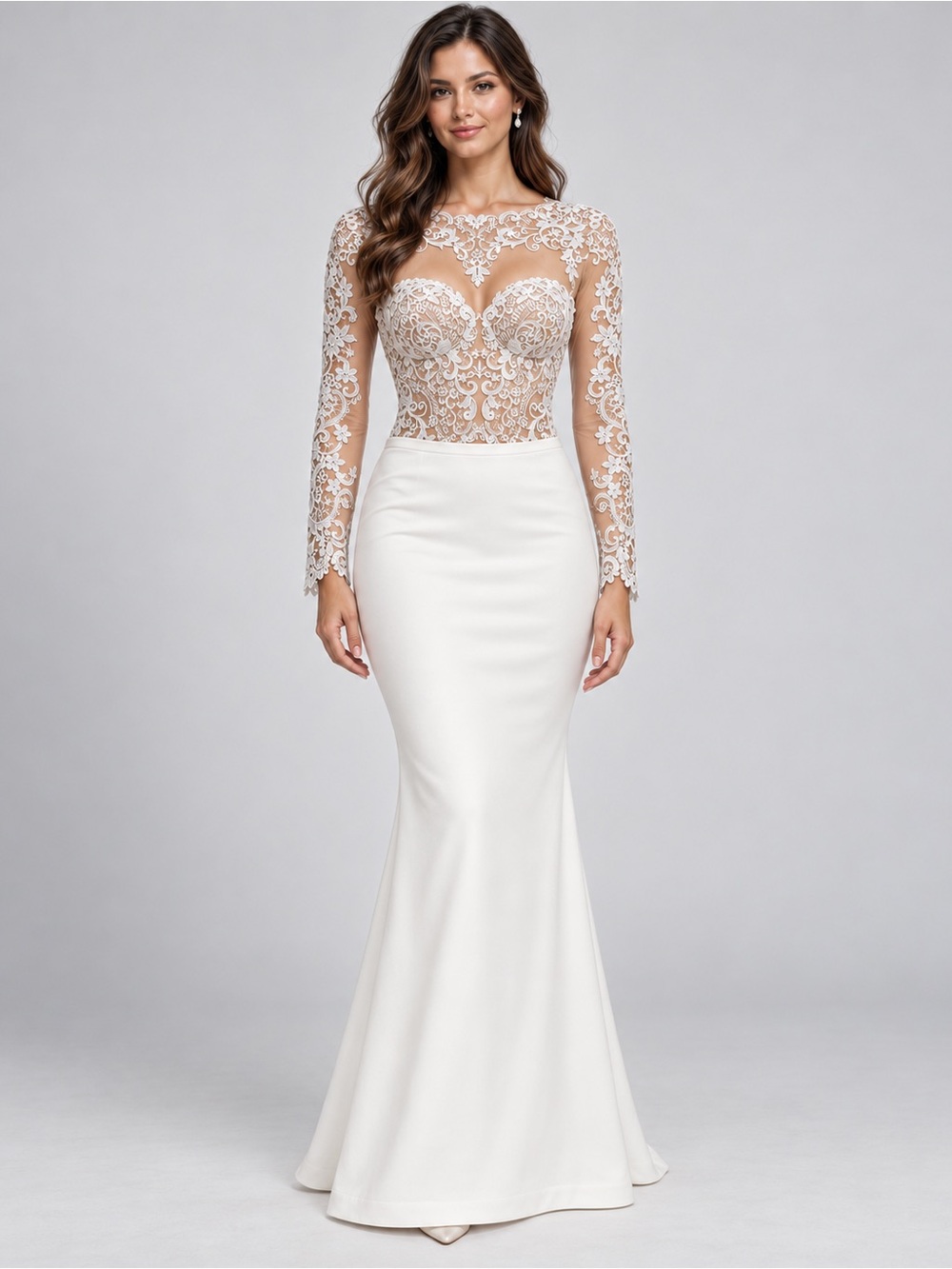 Nude Illusion Bridal Lace Bodysuit with White Appliqué